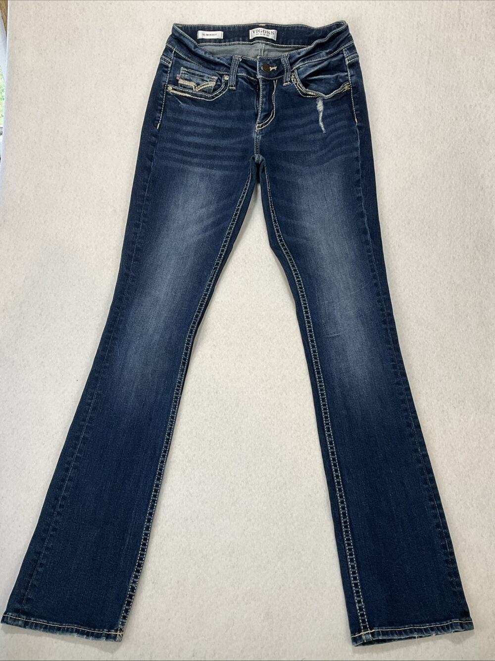Vigoss Slim Boot Cut Jeans Thick Stitching Embellished Pockets Distress Y2K Sz 2